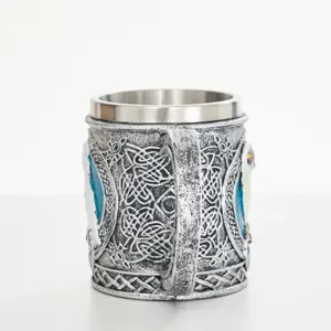 Detailed medieval fantasy resin mug with stainless steel inner liner and Celtic knot relief.