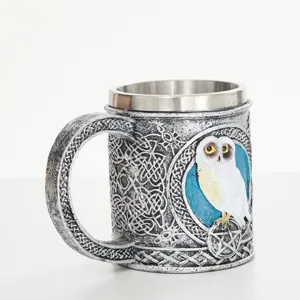 Handmade Stainless Steel Resin Owl Mug Celtic Knot Coffee Cup Vintage Beer Stein Mug