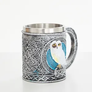Retro resin stainless steel mug with white owl relief and Celtic knot design for daily use.