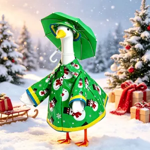 Christmas green goose raincoat outfit with cute snowman patterns and matching umbrella.
