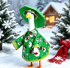 Outdoor Christmas porch goose raincoat set with cute snowman pattern, green umbrella and hat.