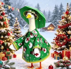 Christmas porch goose outfit green raincoat with snowman print for outdoor yard decoration