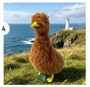 Costume da mucca delle Highland per grande oca di peluche, pelliccia marrone e corna.