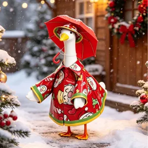 Detailed view of Christmas yard goose raincoat outfit with cute Santa prints and mini umbrella.