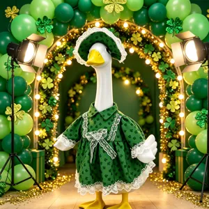 St Patrick's Day Porch Gans Outfit Klaver Print Groene Jurk En Hoed Set Tuin Decoratie Accessoire Voor Gans Standbeeld