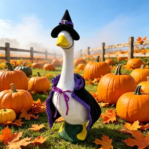 Halloween Hofgans Kostüm Set mit schwarzem Hexenhut und violettem Umhang für Garten.
