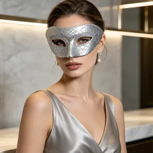 Detailed view of the elegant silver masquerade half face mask, perfect for party props.