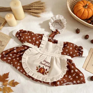 Βρεφικό σετ φόρεμα Thanksgiving με λουλούδια, ποδιά και σκουφάκι για το φθινόπωρο.