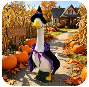 Halloween Hexen Kostüm Set für Garten Gans, schwarzer lila Umhang und Zauberhut für Außenbereich.