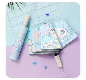 Details of kids folding automatic umbrella with cute anime girl pattern and safe reflective trim.