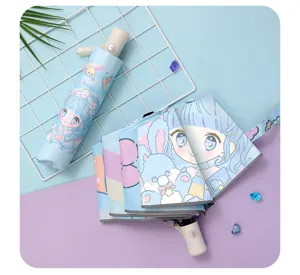 Automatic folding umbrella for kids with cute anime girl print and UV protection black glue.