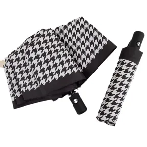 Paraguas plegable automático de pata de gallo blanco y negro protección solar UV impermeable