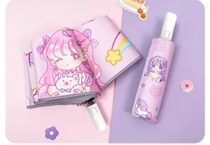 Detailed close-up of cute cartoon folding umbrella showing vibrant anime girl print interior and handle.