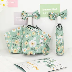 Womens Folding Sun Umbrella Automatic Manual UV Protection Rain Umbrella Oil Painting Floral Print Parasol with Bow