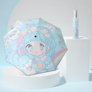 Kids automatic folding umbrella with cute anime girl pattern, UV protection black glue fabric.