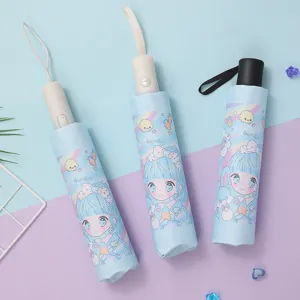 Cute cartoon kids folding umbrella with sweet anime girl pattern, portable automatic design for school.