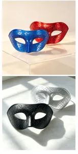 Masquerade mask detail view showcasing glitter patterns and vibrant color options for party.