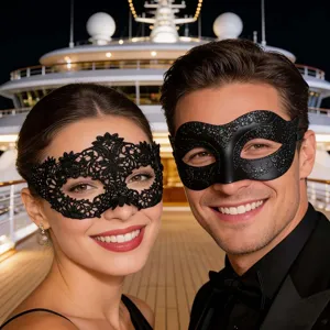 Paar Masken Set für Halloween Karneval, elegante schwarze Spitze und Glitzer Halbgesicht.