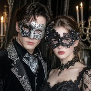 Set di Maschere da Mascherata Veneziana per Coppia Pizzo Vintage Strass Farfalla Maschera per Occhi Brillantini Dipinta Mezza Maschera per Halloween Carnevale Festa Ballo