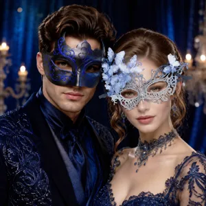 Set di maschere di Carnevale per festa in maschera, pizzo elegante per uomo e donna.