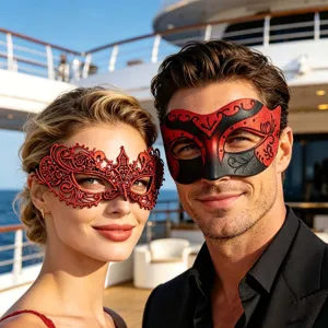 Paar Maskerade Masken Set, rote Spitze und schwarzer Glitzer Halbgesicht Masken Party.