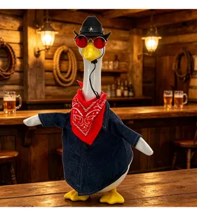 Close-up view of the Western cowboy porch goose outfit with a hat and denim jacket in a rustic saloon.