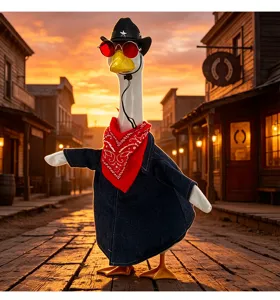 Western cowboy porch goose outfit set with hat, sunglasses, bandana and denim jacket.