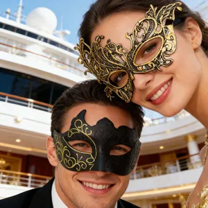 Nahaufnahme Detail von Paar Masken mit elegantem schwarzem und goldenem Filigranmuster.