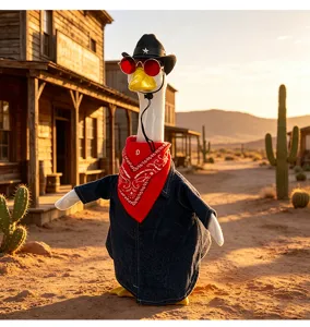 23-inch western cowboy goose plush toy with denim jacket, red bandana and hat.