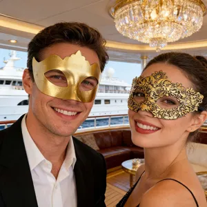 Goldene Masken Paar Set Detailansicht, elegante Halbmasken fuer Party Karneval Halloween Kostuem