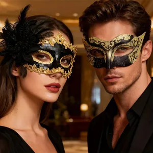 Paar Masken Set, schwarz gold venezianische Halbmasken für Party Karneval Halloween.