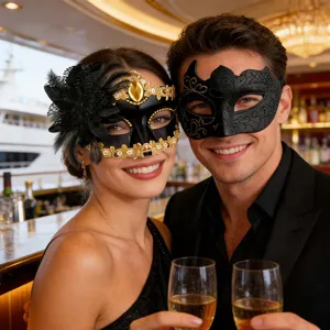 Detailaufnahme exquisiter Paarmasken für Maskenball, getragen von Models auf Party.