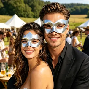 Detailansicht eines stilvollen silbernen Paar Masken Sets fuer Partys und Halloween.