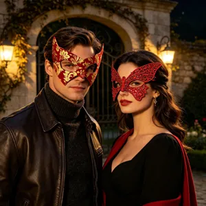 Paar Masken Set für Halloween Karneval Party, elegante rote Spitze Halbgesicht Maskierung.
