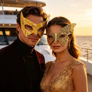 Exquisites goldenes Maskenballmasken-Detail, filigrane ausgehöhlte Schmetterlings-Party-Optik.