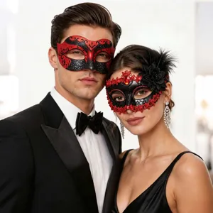 Paar Masken Set, rot schwarze Spitzen Masken mit Federn fuer Halloween Karneval Maskenball