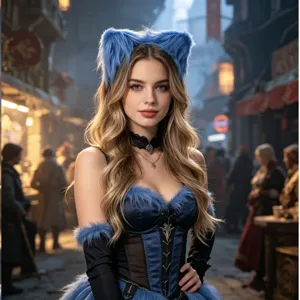 Detailed shot of cute blue plush cat ears headband, ideal for cosplay, parties, and Halloween wear.