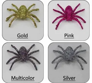Glitterende plastic spinnenrekwisieten voor Halloween feestdecoratie in goud, roze, multi en zilver.