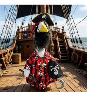 Detalle estatua ganso pirata Halloween con traje calavera, sombrero capitán y cubierta de barco.