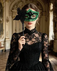 Vista detallada del elegante vestido de encaje y la máscara veneciana para fiestas.