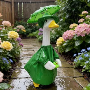 Prachtig 23-inch gazon gans standbeeld waterdichte regenjas en paraplu tuindecoratie.