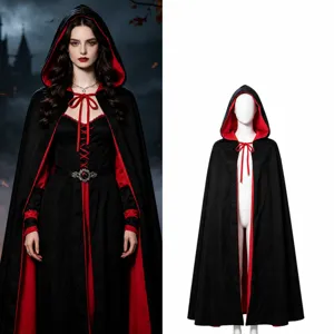 Halloween Polyester Mantel met Capuchon voor Volwassenen Rood Zwart Vampier Heks Dood Kostuum Feest Cosplay Outfit