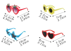 Cute novelty sunglasses for kids with fun shapes like strawberry, star, flower, and heart.