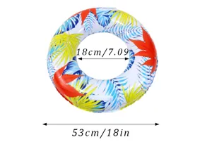 Detailed view of the colorful inflatable swim ring with tropical leaf pattern and dual handles.