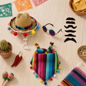 Kleurrijke Mexicaanse feest huisdier kostuum set met een leuke mini sombrero hoed en bandana.