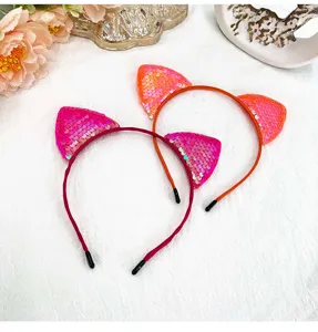 Sequined cat ears headband detail shot, cute shiny hair hoop for daily or party wear.