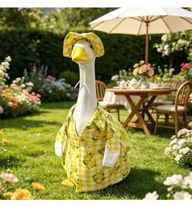 Primo piano dettagliato del grazioso vestito a quadri limone per oca in un giardino soleggiato.