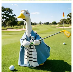 Detailed view of the porch goose statue wearing golf outfit on course, outdoor garden decor.