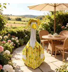 Dettaglio della statua d'oca da veranda da 23 pollici con abito a quadri limone e cappellino.