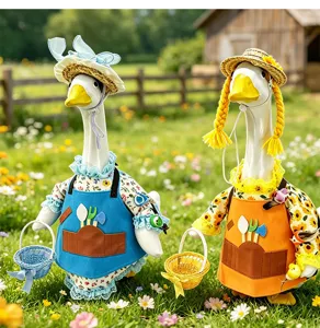 Detailed view of the pastoral style goose clothing set featuring cute sunflower hats and aprons.